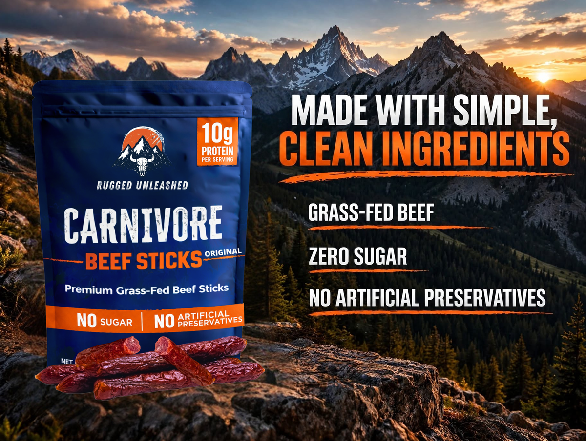 Carnivore Beef Sticks — 100% grass-fed beef, no fillers, natural seasonings, pure sea salt.
