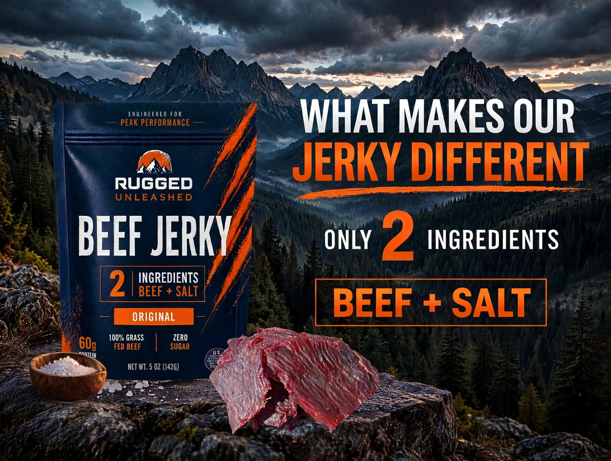 Rugged Unleashed Beef Jerky — just two ingredients: beef and sea salt.