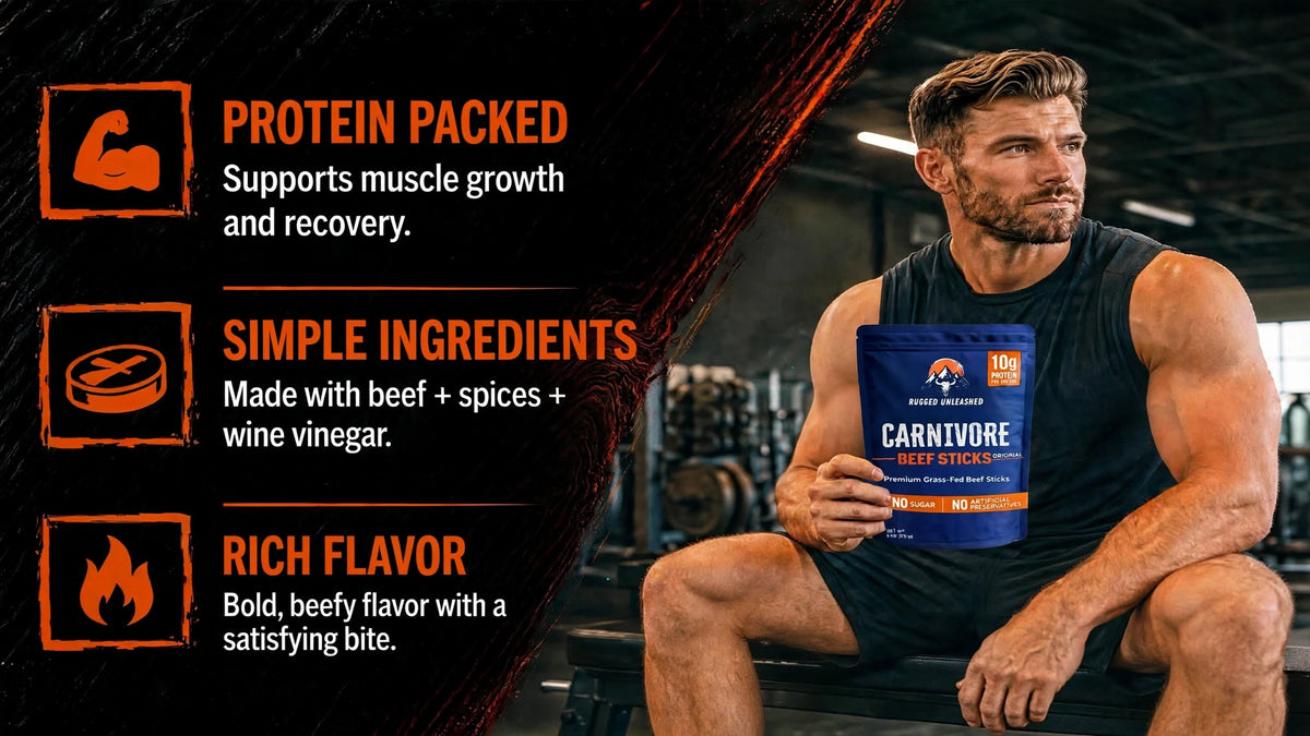 Rugged Unleashed Carnivore Beef Sticks — high-protein fuel for training.