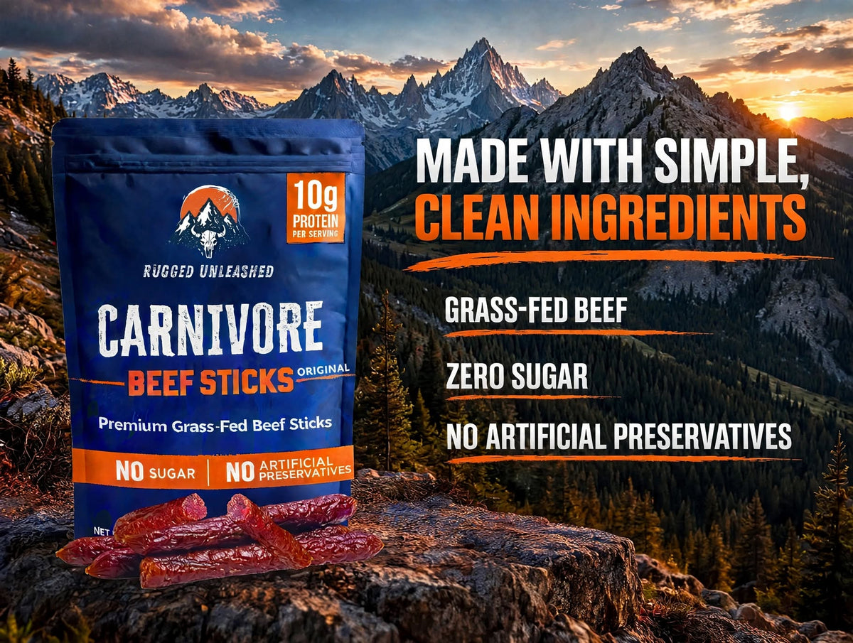 Carnivore Beef Sticks — 100% grass-fed beef, no fillers, natural seasonings, pure sea salt.